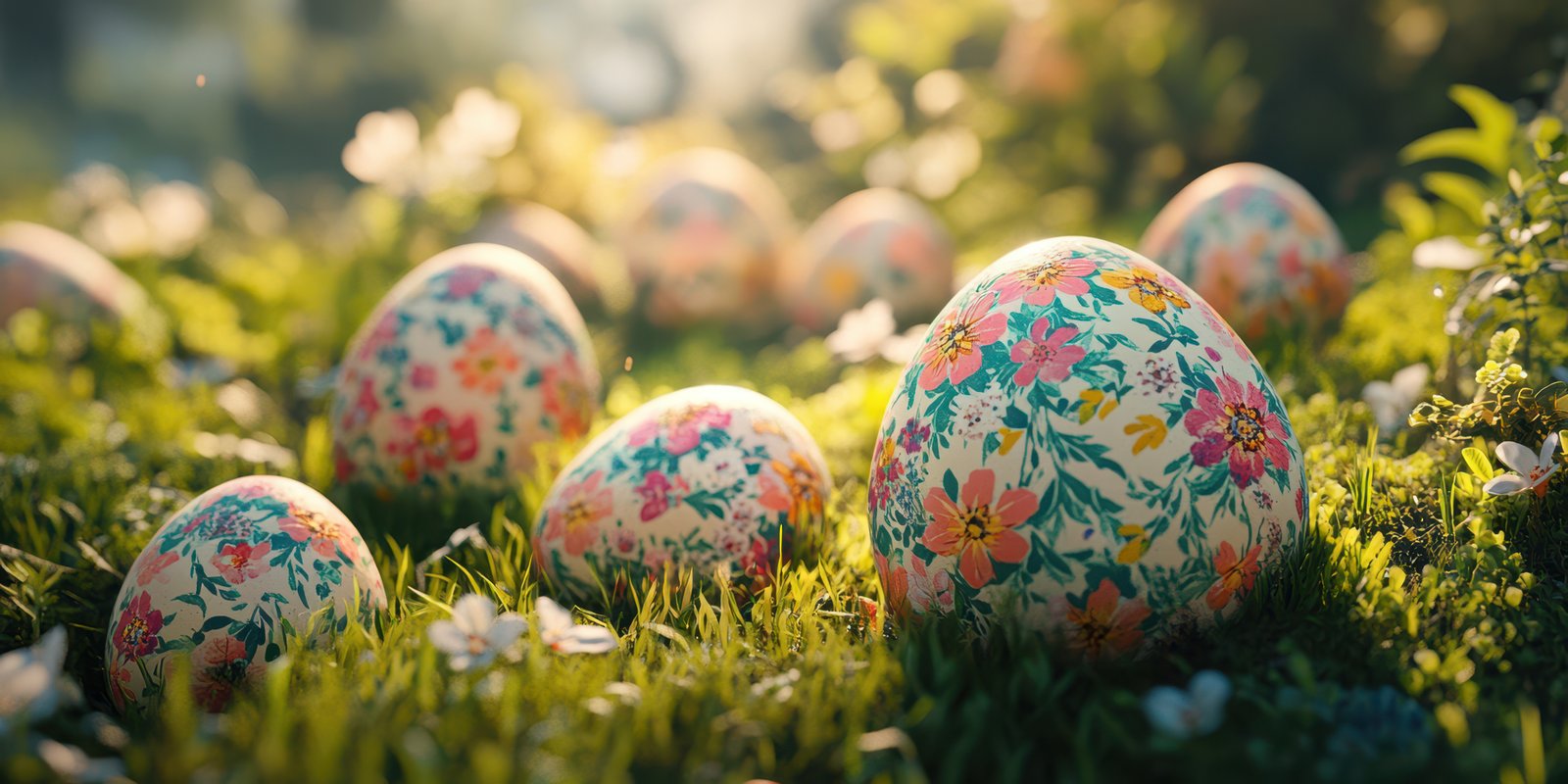 Colorful floral Easter eggs nestled in a vibrant flower-filled meadow during springtime